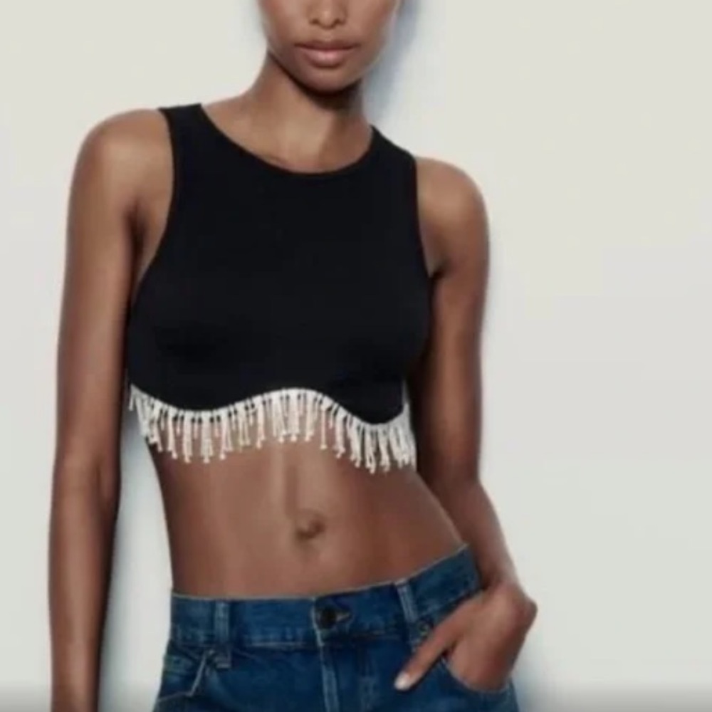 Sincerely Jules Black Ribbed Rhinestone Fringe Crop Top Bodycon Party Sz Large